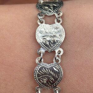 Vintage 925 Heart Link Bracelet | Engraved Floral Hearts 6.5”